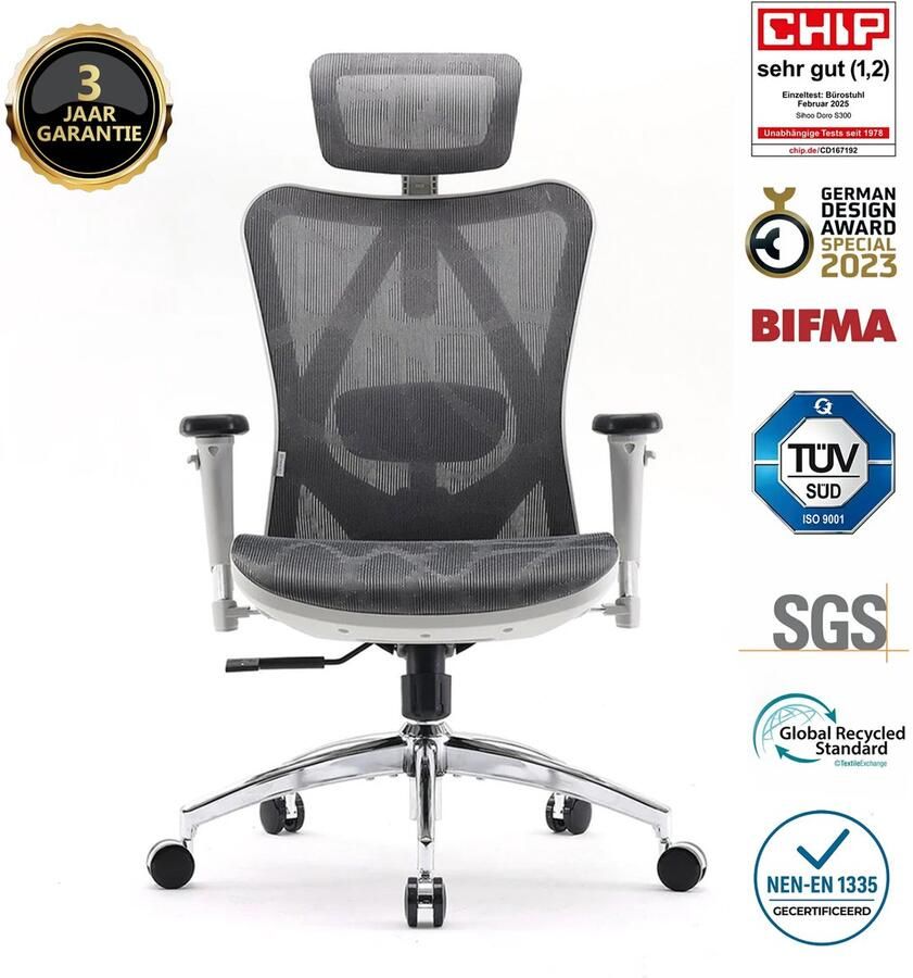 Sihoo M57 Ergonomische Bureaustoel met 3D-Armleuningen&Verstelbare Lendensteun-Premium Mesh Design voor Kantoor Thuiswerken 150kg Draagvermogen 8cm Hoogteverstelling-3 Standen Kantelmechanisme (110° 116° 126°)-SGS BIFMA Gecertificeerd——Lichtgrijs
