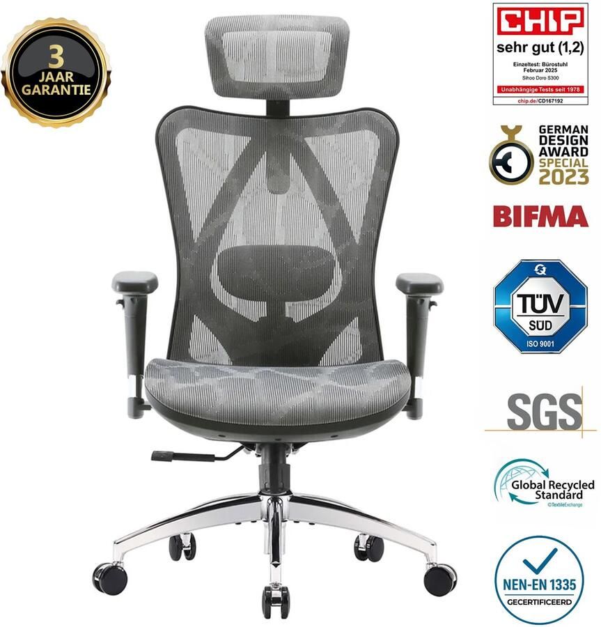 Sihoo M57 Ergonomische Bureaustoel met 3D-Armleuningen&Verstelbare Lendensteun-Premium Mesh Design voor Kantoor Thuiswerken 150kg Draagvermogen-8cm Hoogteverstelling-3 Standen Kantelmechanisme (110° 116° 126°)-SGS BIFMA Gecertificeerd——Donkergrijs