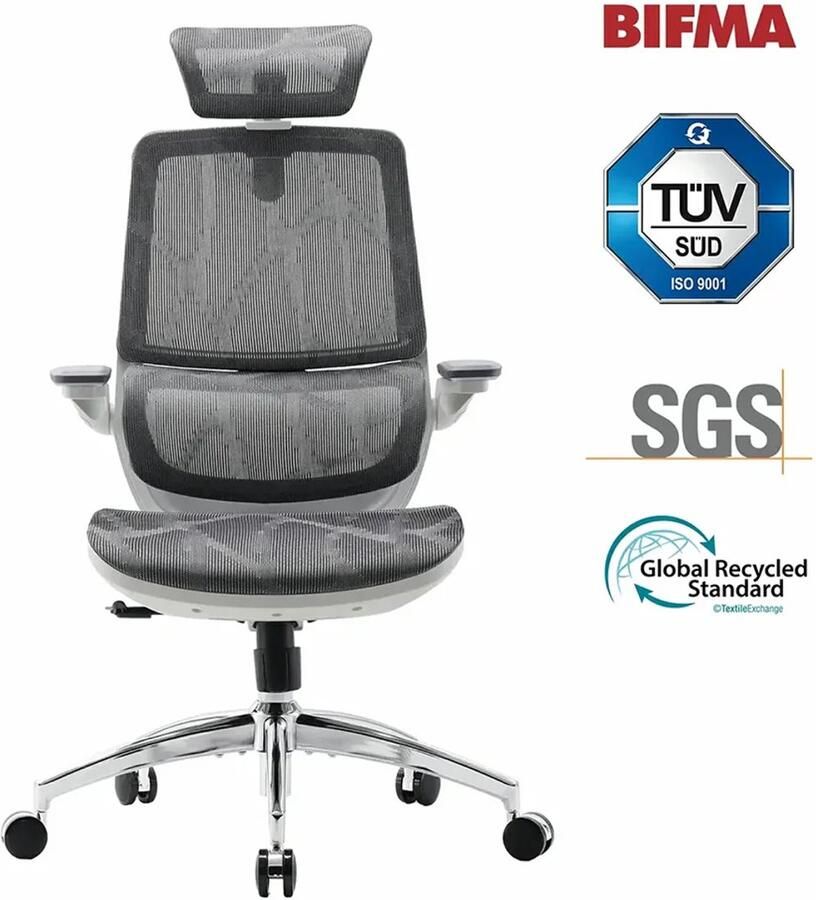 Sihoo M59AS Ergonomische Bureaustoel 3D Verstelbare & 90° Opklapbare Armleuningen Dubbele Rugleuning met Adaptieve Lendensteun Zadelvormig Zitkussen Hoogwaardig Mesh BIFMA SGS Gecertificeerd Tot 150kg 43.5x50.5x101.6cm——grijs - Foto 2