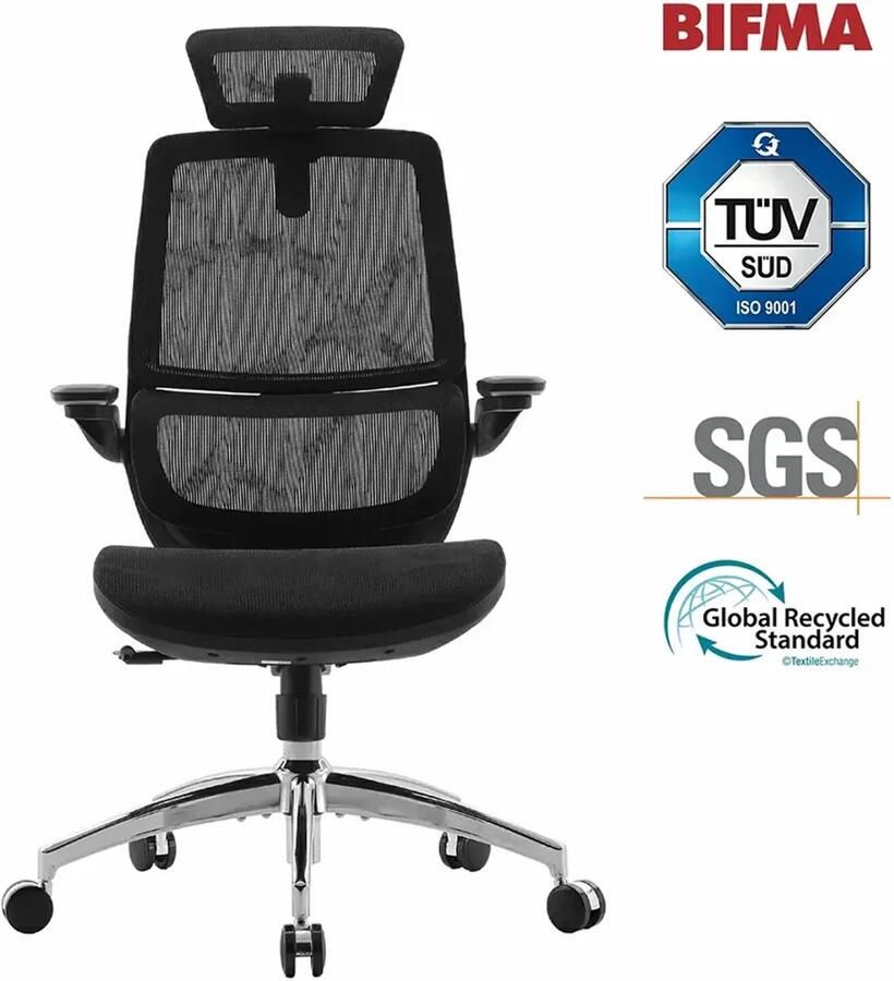 Sihoo M59AS Ergonomische Bureaustoel 3D Verstelbare & 90° Opklapbare Armleuningen Dubbele Rugleuning met Adaptieve Lendensteun Zadelvormig Zitkussen Hoogwaardig Mesh BIFMA SGS Gecertificeerd Tot 150kg 43.5x50.5x101.6cm——Zwart - Foto 2