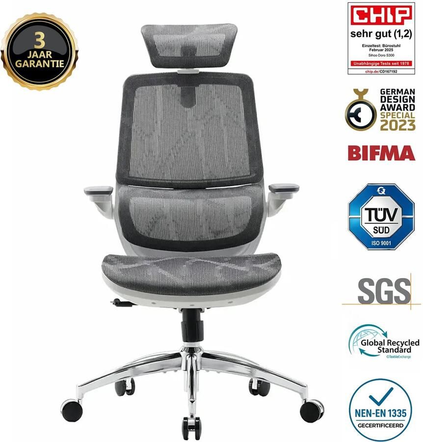 Sihoo M59AS Ergonomische Bureaustoel 3D Verstelbare & 90° Opklapbare Armleuningen Dubbele Rugleuning met Adaptieve Lendensteun Zadelvormig Zitkussen Hoogwaardig Mesh BIFMA SGS Gecertificeerd Tot 150kg 43.5x50.5x101.6cm——grijs