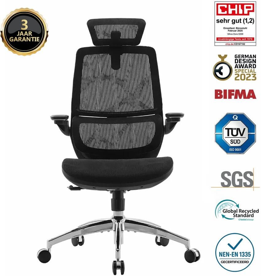 Sihoo M59AS Ergonomische Bureaustoel 3D Verstelbare & 90° Opklapbare Armleuningen Dubbele Rugleuning met Adaptieve Lendensteun Zadelvormig Zitkussen Hoogwaardig Mesh BIFMA SGS Gecertificeerd Tot 150kg 43.5x50.5x101.6cm——Zwart