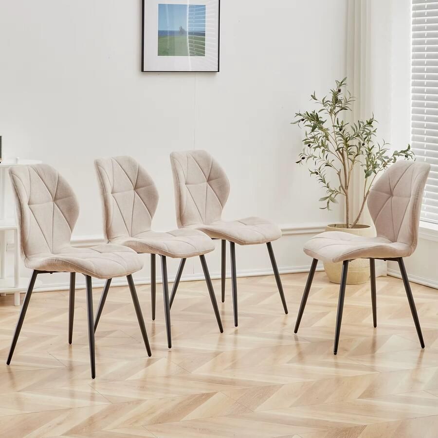 Simple Solutions Set van 4 Eetkamerstoelen Beige – Linnen Bekleding – Comfortabele Keukenstoelen met Zwarte Metalen Poten – Scandinavisch Design – Rituals