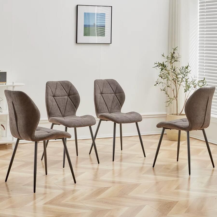 Simple Solutions Set van 4 Eetkamerstoelen Bruin – Linnen Bekleding – Comfortabele Keukenstoelen met Zwarte Metalen Poten – Scandinavisch Design – Rituals