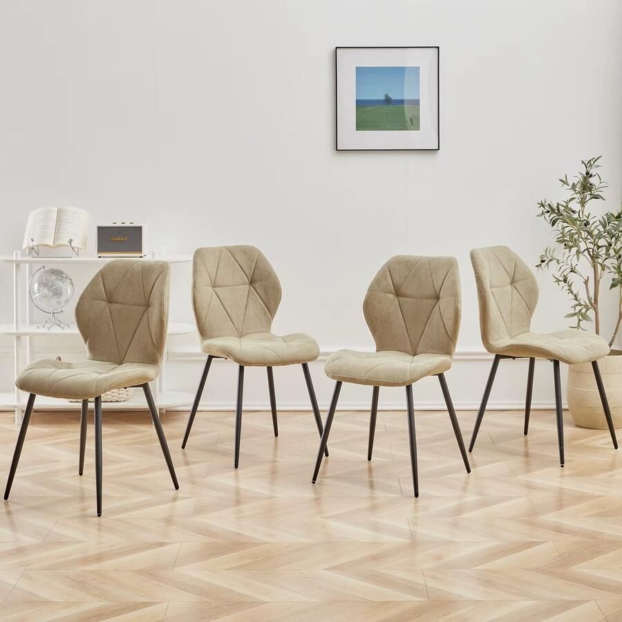 Simple Solutions Set van 4 Eetkamerstoelen Licht Bruin – Linnen Bekleding – Comfortabele Keukenstoelen met Zwarte Metalen Poten – Scandinavisch Design – Rituals