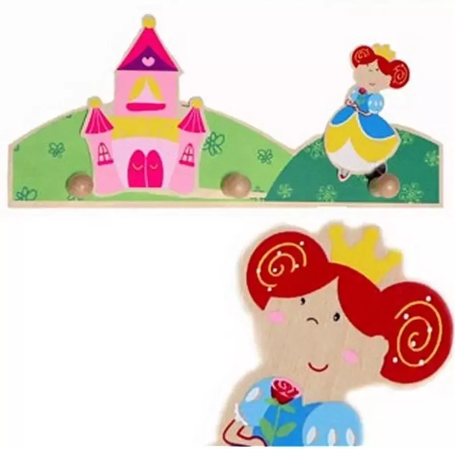 Simply for kids Houten Kapstok Prinses met 3 Haakjes 28x12 cm Roze Kasteel Design voor Kinderkamer