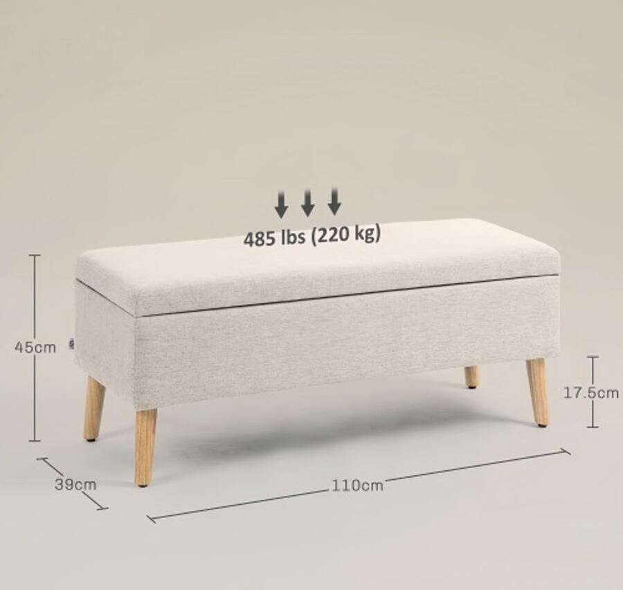 Single Box Product HOMCOM Sitzbank Polsterbank mit Stauraum 110 x 39 x 45 cm in Beige mit Leinenoptik für Flur Schlafzimmer Wohnzimmer aus Gummiholz