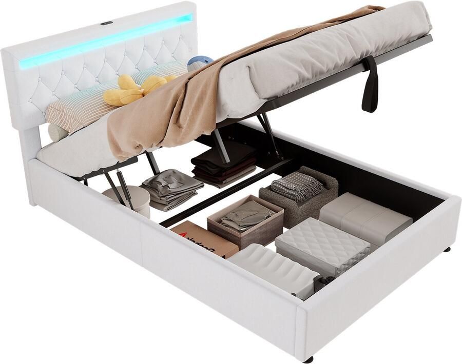 Singularity -140 x 200 cm vlak bed- gestoffeerd bed- sfeerverlichting op het bed- bed kan omhoog en omlaag- wit- zonder matras