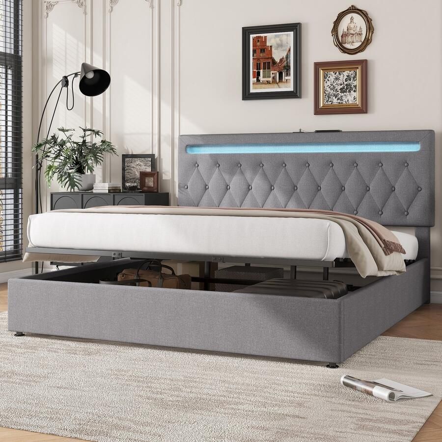 Singularity -180 x 200 cm vlak bed- gestoffeerd- hydraulisch bed met hefmechanisme- kleurveranderende sfeerverlichting- grijs- zonder matras