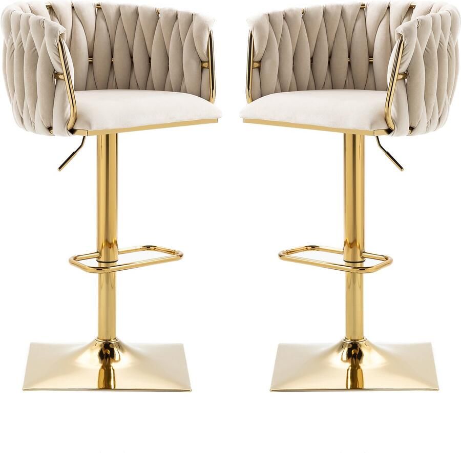 Re-purelife Luxe Moderne Fluwelen Barkrukken – Set van 2 360° Draaibaar In Hoogte Verstelbaar met Ergonomische Rugleuning en Voetsteun Stevige Metalen Basis – Beige & Goud