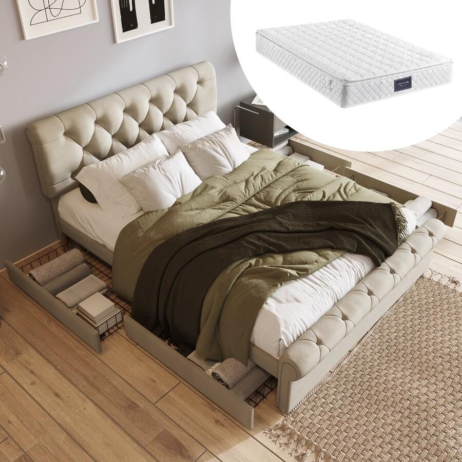 Singularity -Bedframe met 4 laden- tweepersoonsbed gestoffeerd 140x200cm- in hoogte verstelbaar hoofdeinde- Chesterfield naturel met matras