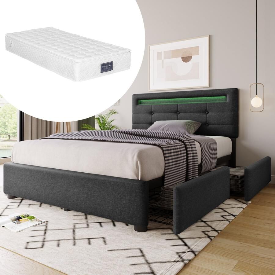 Singularity -Bedframe met LED en 2 lades- inclusief matras- eenpersoonsbed gestoffeerd 90x200cm- grijs