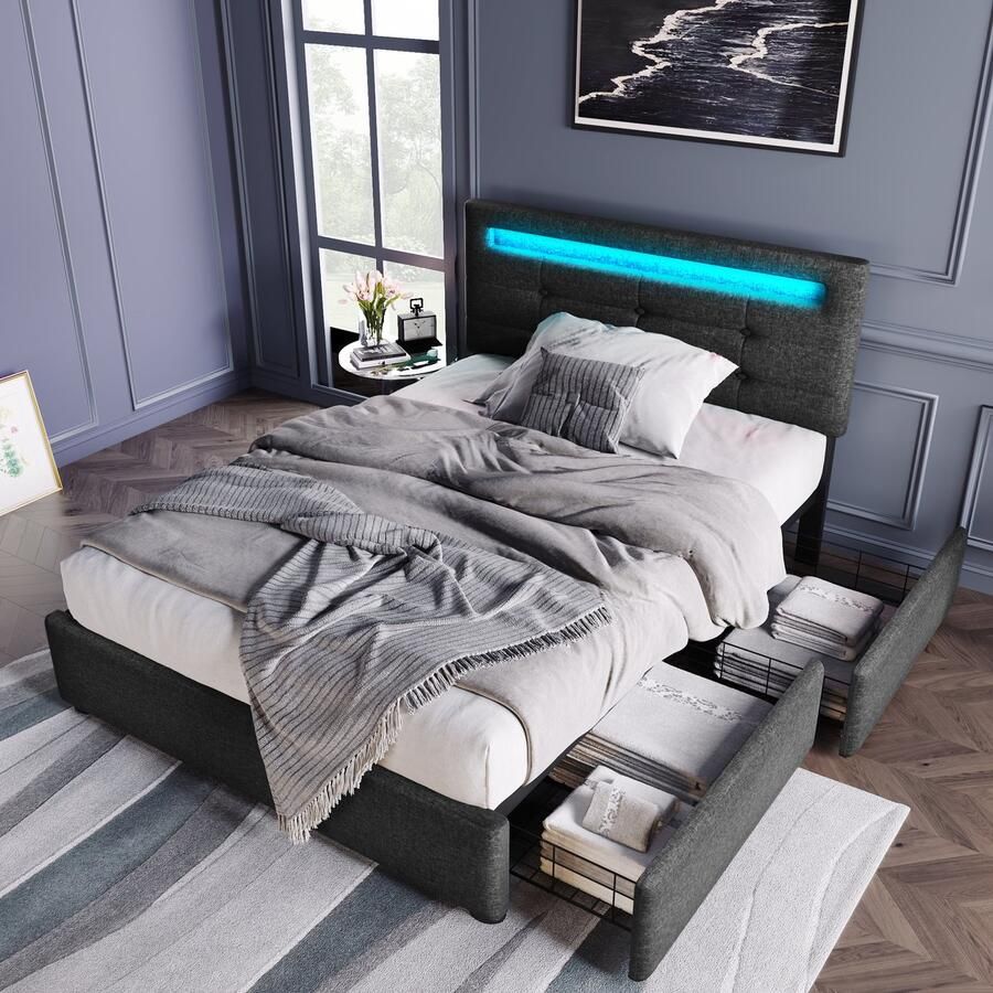 Singularity -Bedframe met ledverlichting en 2 lades- eenpersoonsbed gestoffeerd 90x200 cm- in hoogte verstelbaar hoofdeinde- grijs. Zonder matras