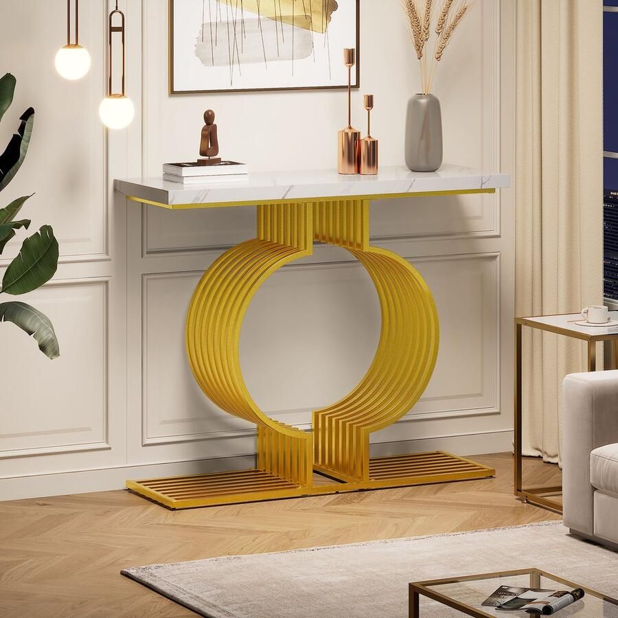 Singularity Bijzettafel-100*35*80 cm-Hoogglans Serie-Gouden Voet-Wit en Goud