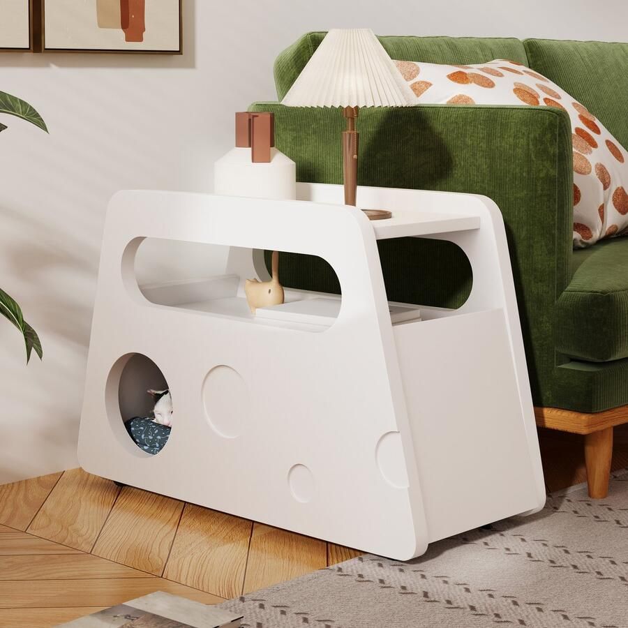 Singularity Bijzettafel op wielen Wit- Veilig rond ontwerp Ruimtebesparend 81x33x51 5 cm