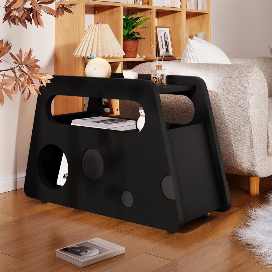 Merax Moderne bijzettafel Zwart met wielen Afgerond design Mobiel & ruimtebesparend Ideaal voor woonkamer en slaapkamer 81x33x51 5 cm