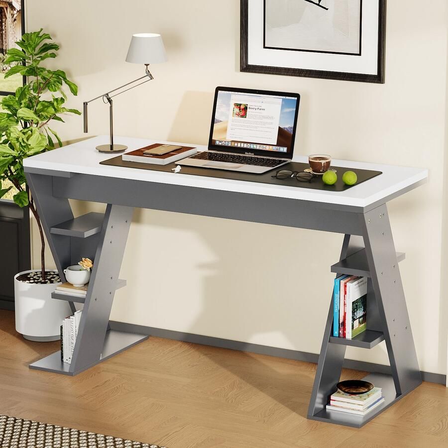 Sweiko Bureau 120 x 50 x 74 cm met Opbergrek Grijs + Wit