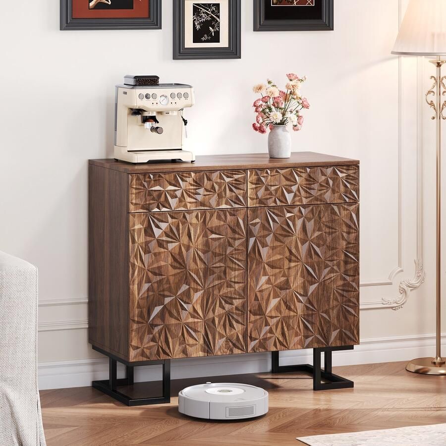 Singularity Dressoir 80 x 40 x 78 cm Bladerenreliëf Metalen poten 2 lades 2 deuren Zonder handgrepen Bruin