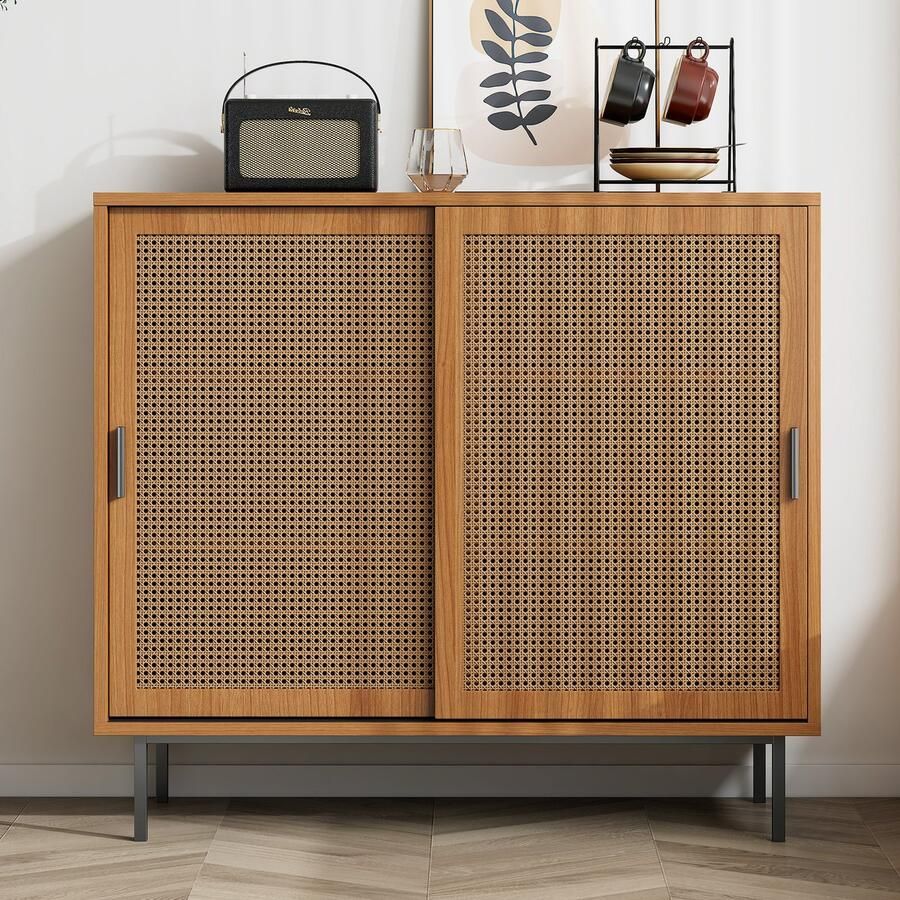 RN Sideboard Keukenkast Commode Opbergkast met 2 Schuifdeuren en Verstelbare Plank Landhuisstijl Bijzetkast voor Woonkamer Eetkamer. Afmetingen: B100 H90 D37 cm