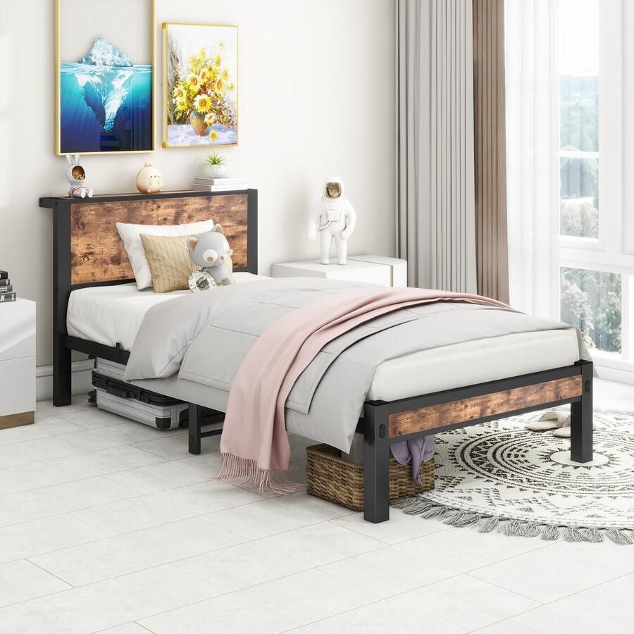 Singularity Eenpersoonsbed 90 x 200 cm metalen bedframe Vintage Bruin Zonder matras