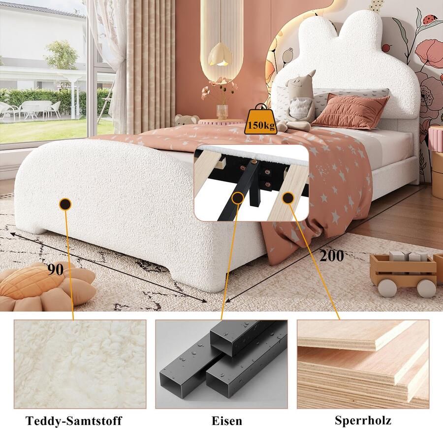 Singularity -Eenpersoonsbed gestoffeerd- hoofdbord in de vorm van een konijnenoor- eenvoudig- stijlvol en comfortabel- schattige cartoonstijl- imitatie fleece- wit- 90x200cm- zonder matras