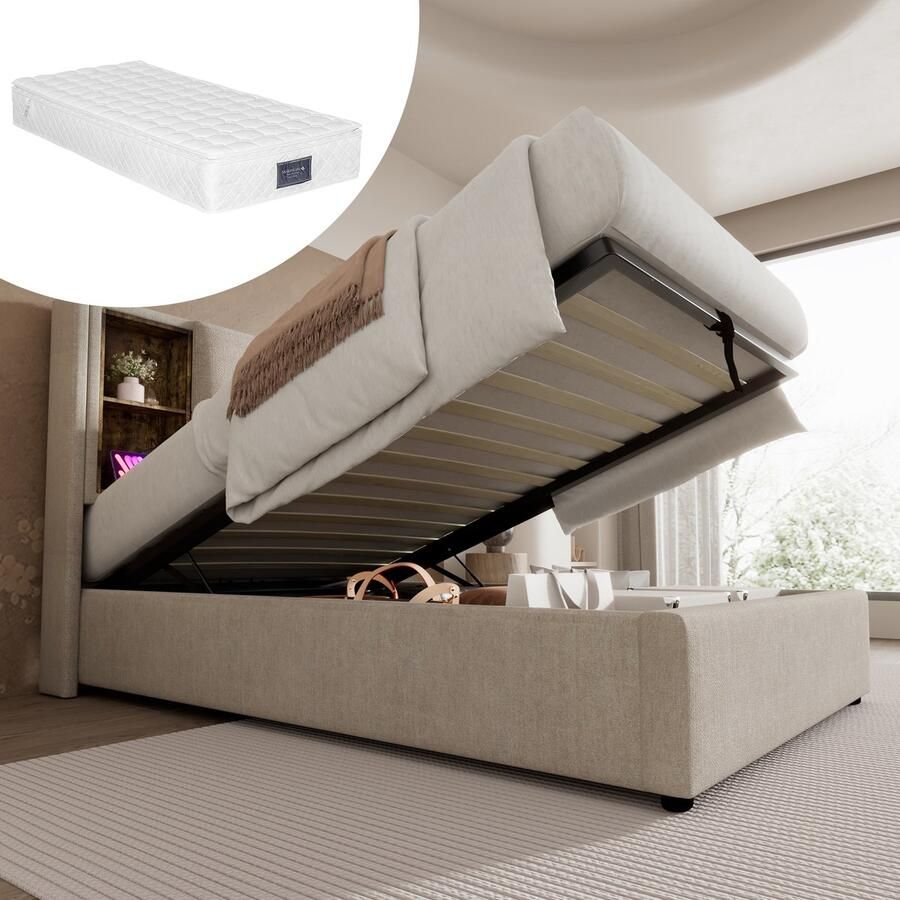 Singularity -Eenpersoonsbed met draadloos opladen USB C- gestoffeerd bedframe 90x200cm- bedframe met opbergruimte lattenbodem- linnengoed met matras