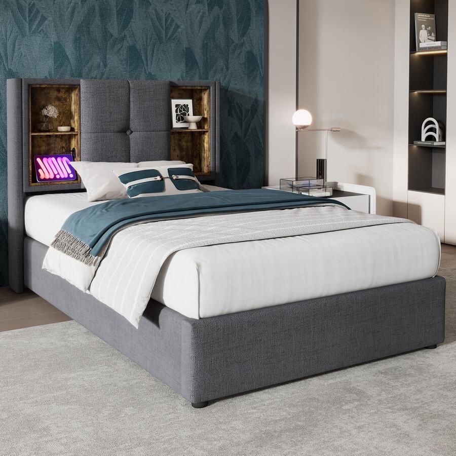 Singularity -Eenpersoonsbed met draadloos opladen USB C- gestoffeerd bedframe 90x200cm- bedframe met opbergruimte- lattenbodem- grijs- zonder matras