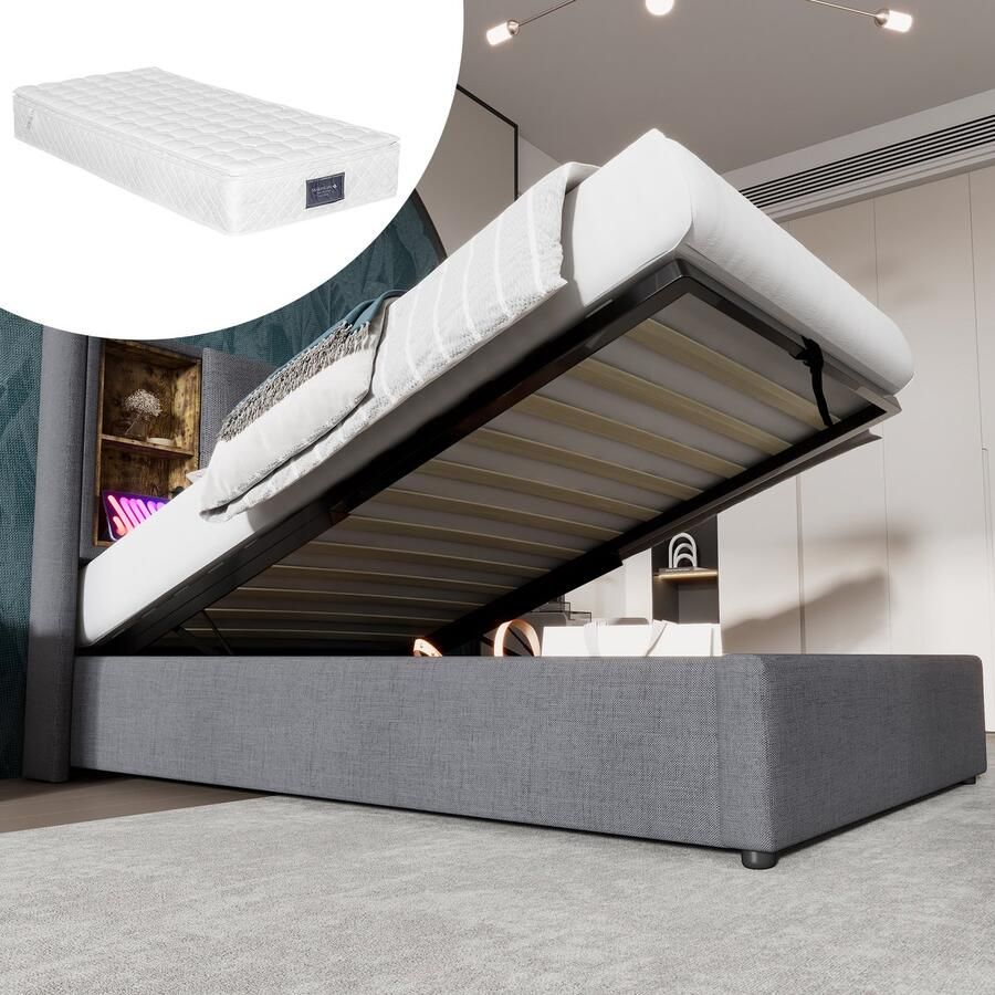 Singularity -Eenpersoonsbed met draadloos opladen USB C- gestoffeerd bedframe 90x200cm- bedframe met opbergruimte lattenbodem grijs met matras