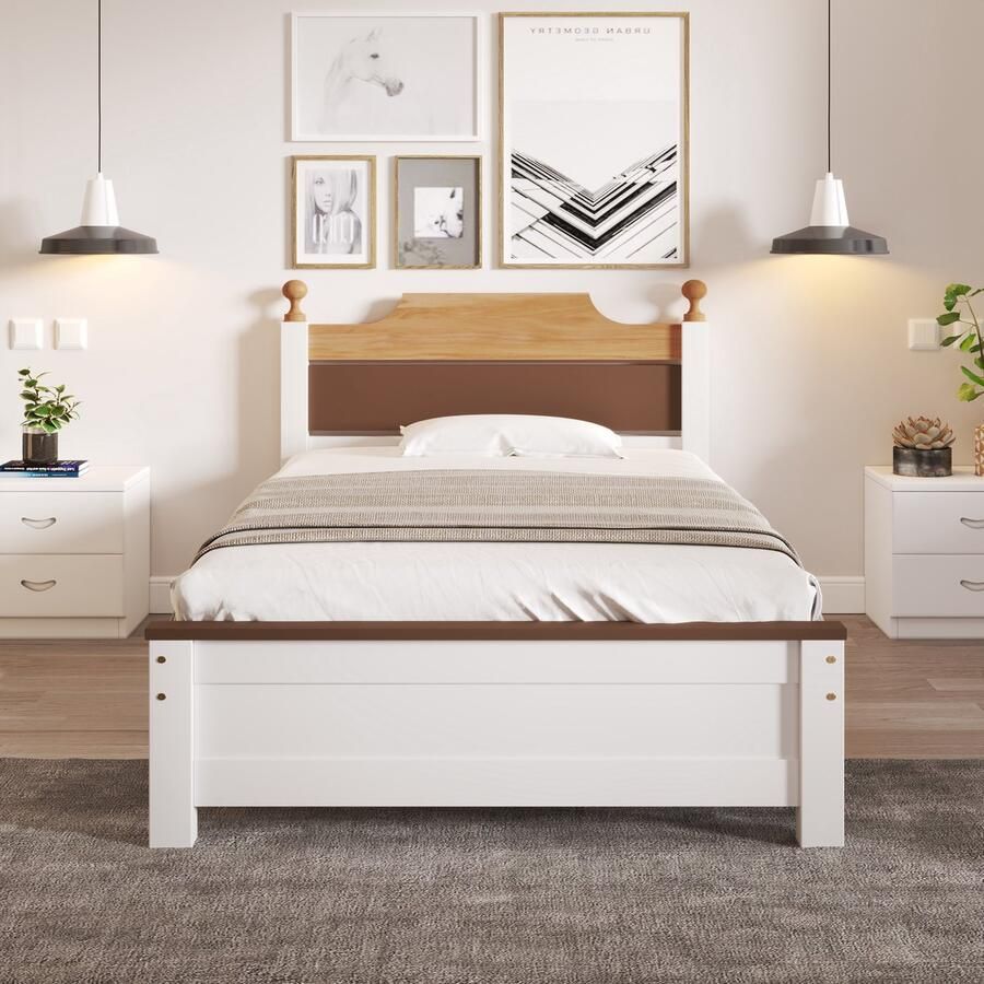 Singularity Eenpersoonsbed met middenvoet Dennenhouten bedframe Kleurenblokdesign Wit 90x200 cm Zonder matras