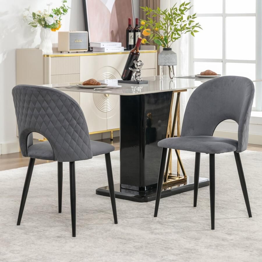 Singularity Eetkamerstoel (2 stuks)-Gestoffeerde stoel-ontwerp-met-rugleuning-vet-metalen frame-verstelbare poten-rug diamantpatroon-Grijs