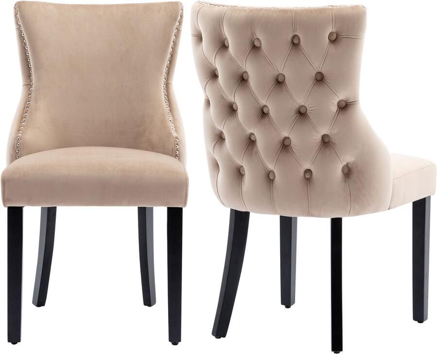 Singularity Eetkamerstoel Fluweel Button Down Stitching Massief houten frame Beige (Set van 2)