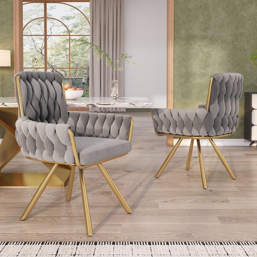 Gutent Fluwelen Eetkamerstoel set van 2 Grijs Fauteuil met vier metalen steunpoten Draaibaar Enkele luxe woonkamer en slaapkamer draaistoel lounge draaistoel