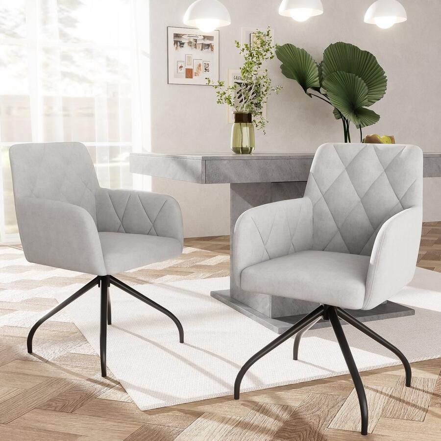 Merax Set van 2 360° draaibare eetkamerstoelen met ruitpatroon gestoffeerde fauteuil loungestoelen stoelen in de slaapkamer woonkamer studeerkamer lichtgrijs