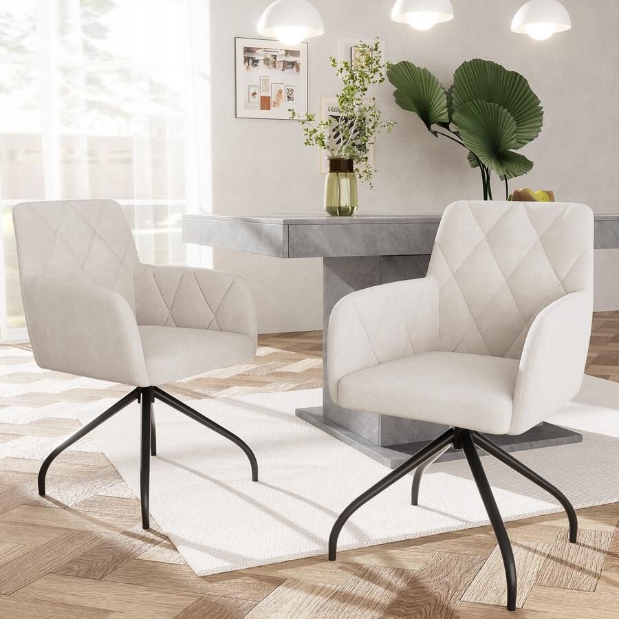 Merax Set van 2 360° draaibare eetkamerstoelen met ruitpatroon gestoffeerde fauteuil loungestoelen stoelen in de slaapkamer woonkamer studeerkamer beige