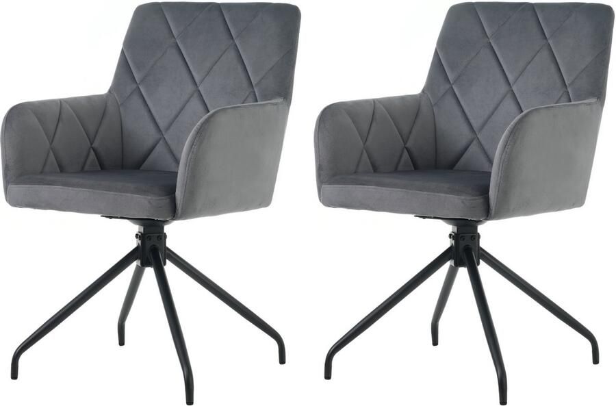 Merax Set van 2 360° draaibare eetkamerstoelen met ruitpatroon gestoffeerde fauteuil loungestoelen stoelen in de slaapkamer woonkamer studeerkamer donkergrijs