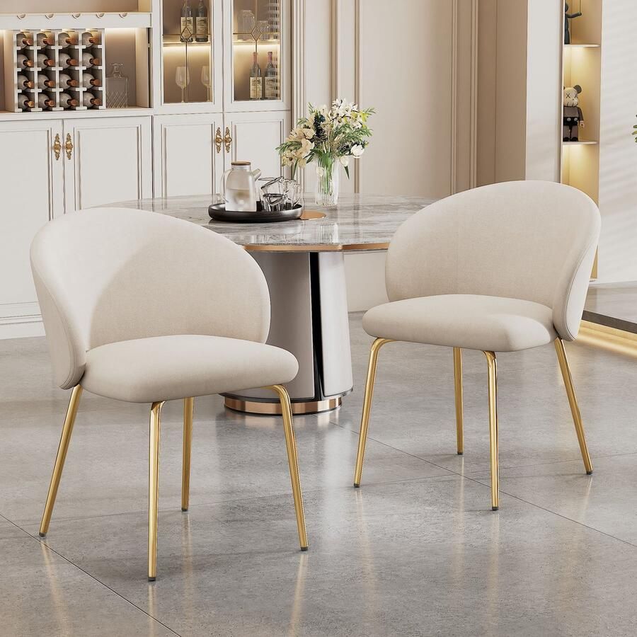 Singularity Eetkamerstoelen 2 Stuks Fluweel Met Armleuningen Gouden Metalen Voeten Beige