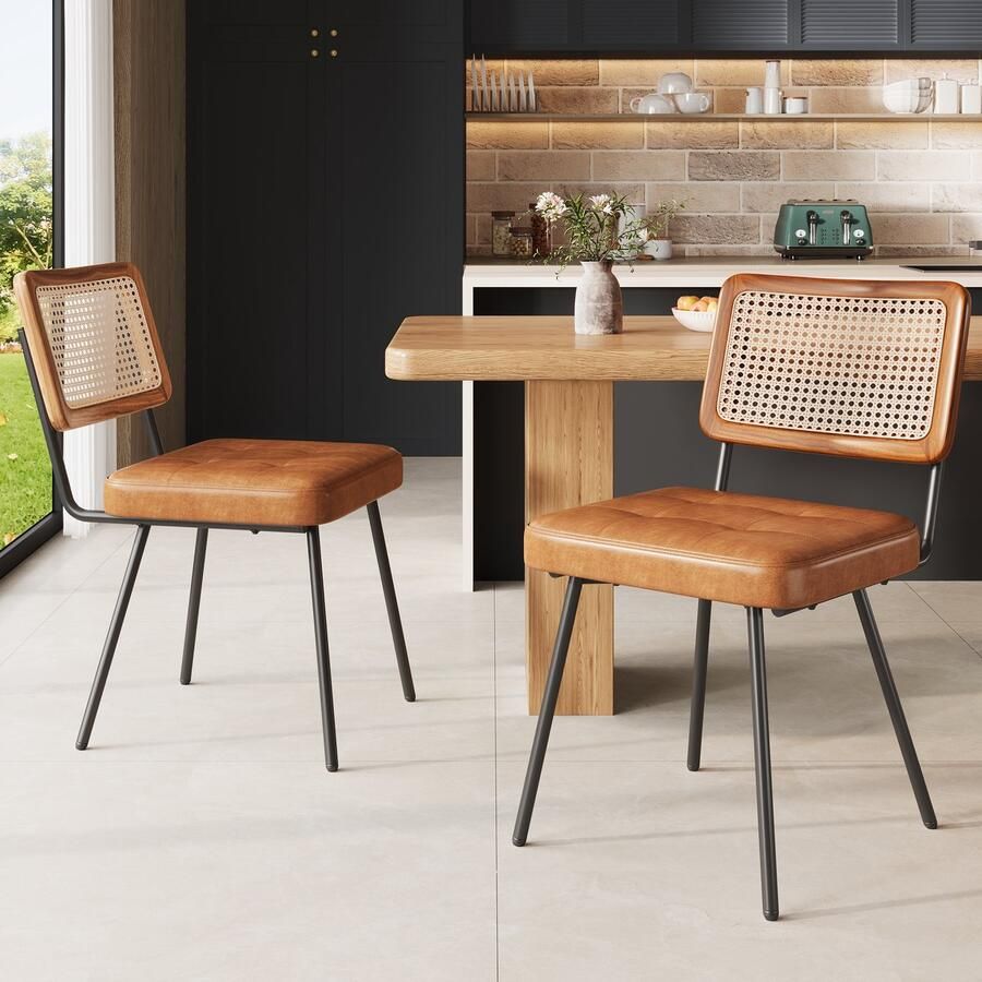 Re-purelife Set van 2 Luxe Elegante Eetkamerstoelen 61×46×79 cm – Stijlvol Retro PU Leren Zitting & Rattan Rugleuning – Woonkamerstoelen Loungestoelen – Ergonomisch Comfort – Stevige Metalen Poten – Waterafstotend & Duurzaam Bruin