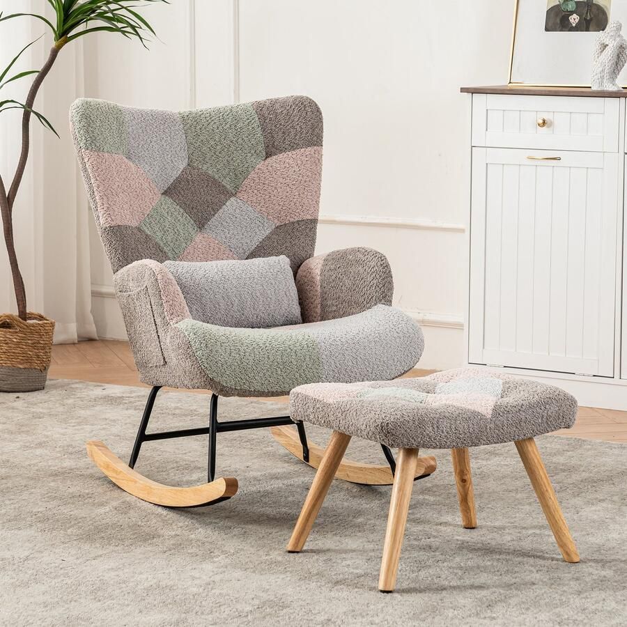 Singularity Fauteuil Kleurrijke schommelstoel inclusief 1 voetensteun (49*38*37 cm) en 1 lendenkussen frame van rubberhout