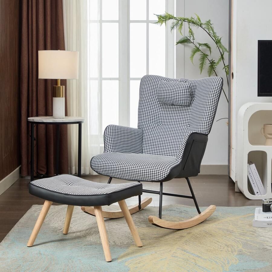 Singularity Fauteuil Schommelstoel Met zijvakken Hoogwaardig schuimrubberen kussen Met voetsteun en hoofdsteun Zwart en wit