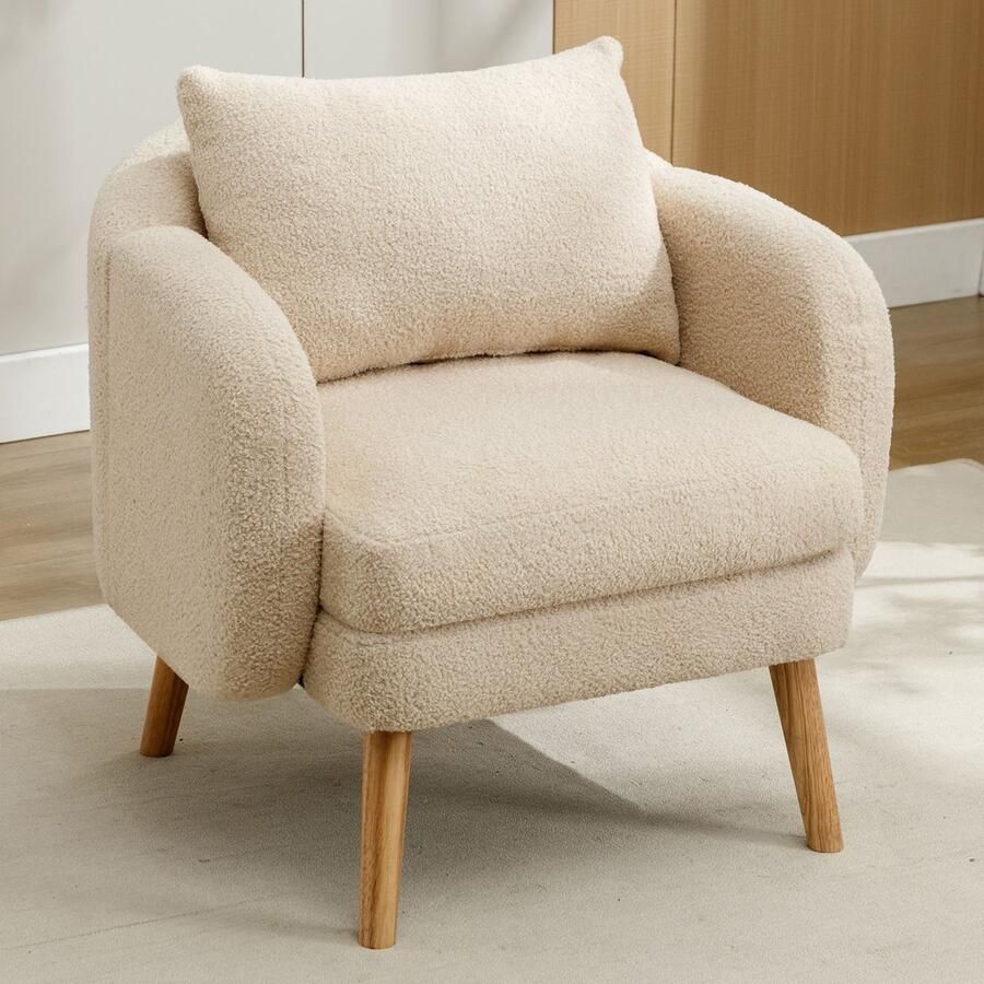 Singularity Fauteuil-Teddy Fluweel-Met Kussen-Stevige Houten Poten-Single Sofa-Modern Minimalistisch-Beige