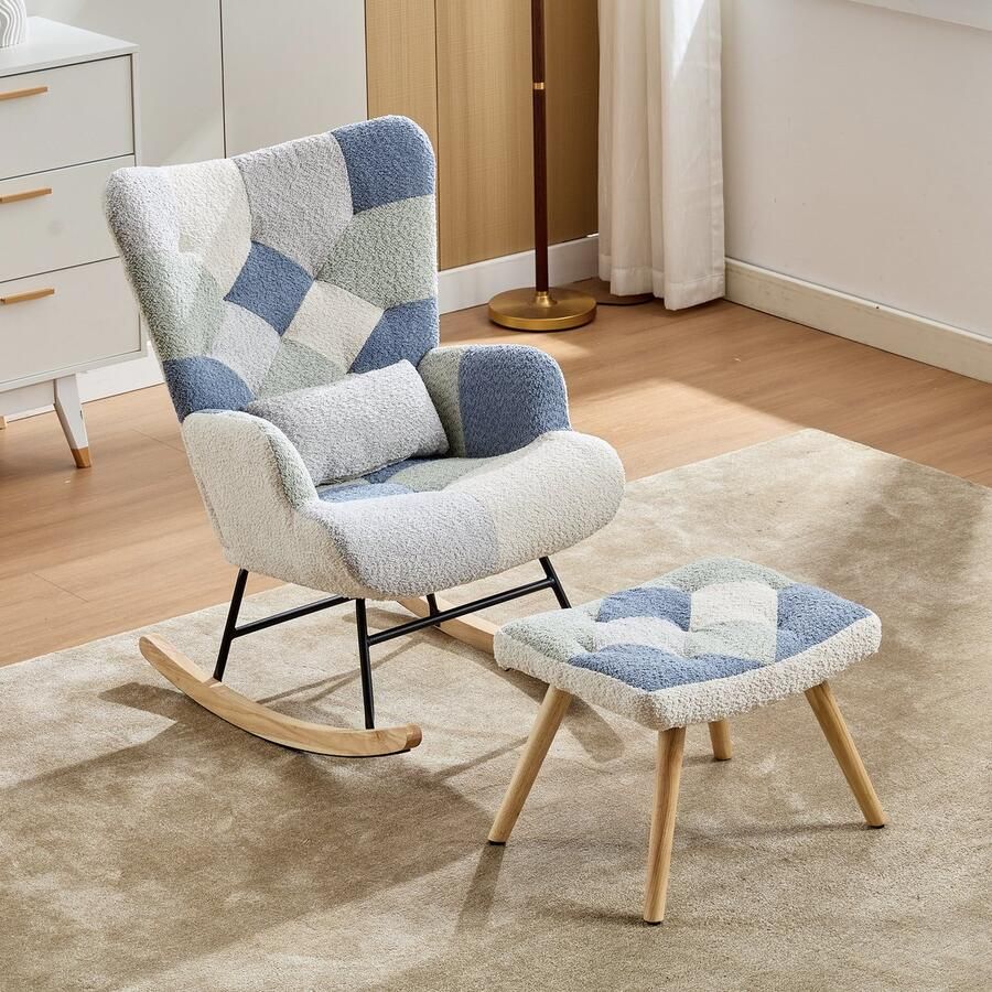 Singularity Fauteuil Voetenbank Moderne stof Patchwork kleuren Houndstooth patroon Maximale belasting 110 kg Beige en blauw
