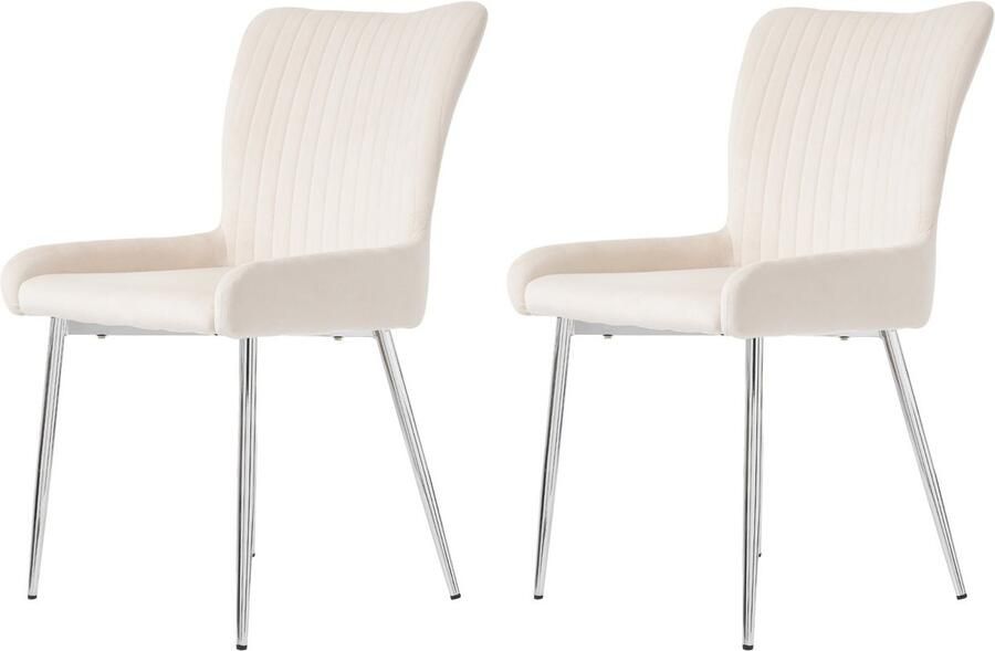 Singularity Fluwelen eetkamerstoelen Set van 2 met vier zilverkleurige metalen steunpoten Lendensteun Beige