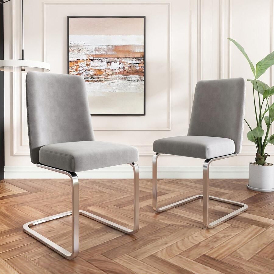 Merax Fluwelen eetkamerstoel set van 2 woonkamer slaapkamer loungestoel diamanten rugmotief met zilverkleurige metalen steunpoten grijs