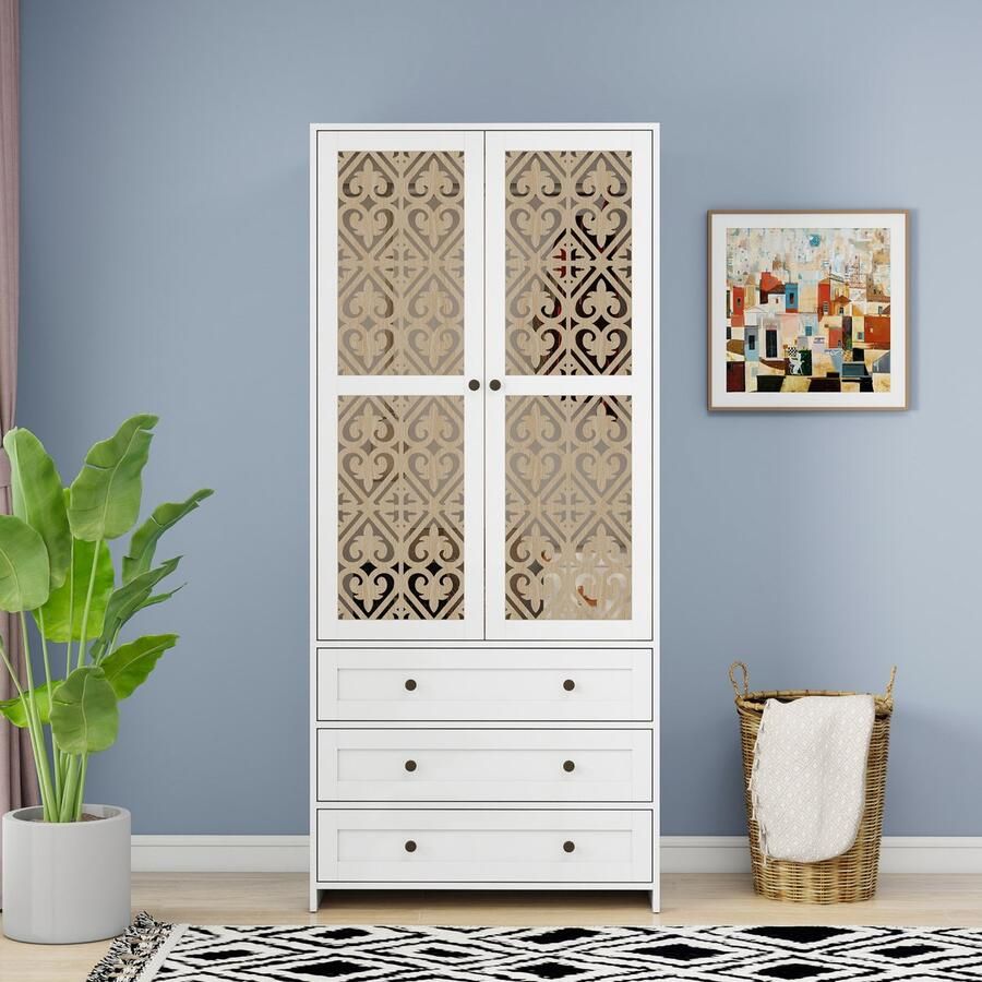 Singularity Garderobekast Met Gesneden Patroon Opbergkast Rotan Rieten 3 Laden Aluminium Hanger Wit