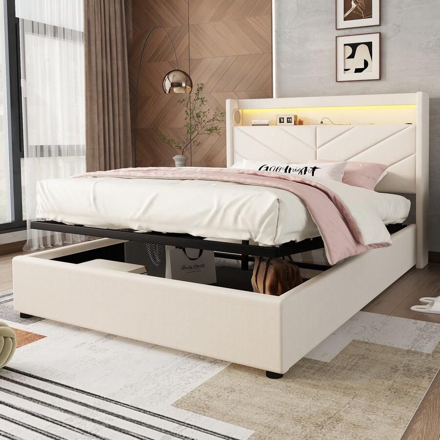 Merax Gestoffeerd bed 140x190 cm zonder matras met verlichting op afstand met USB en stereo-installatie beige