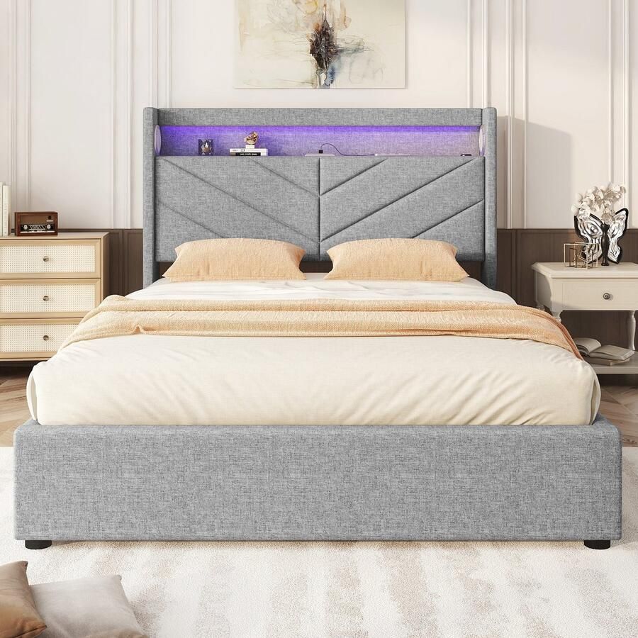 Singularity -Gestoffeerd bed- 140 x 190 cm- Zonder matras- Bed met hydrauliek- Met USB en stereosysteem- Linnen- Grijs