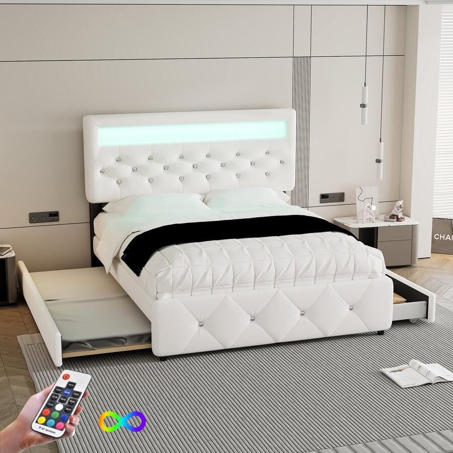 Singularity -Gestoffeerd bed 140 x 200 cm (90 x 190 cm)- tweepersoonsbed- platformbed- met uitschuifbaar bed en 2 lades- nachtkastje met lichtbalk- grijs- zonder matras