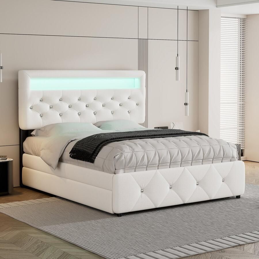 Singularity -Gestoffeerd bed 140 x 200 cm (90 x 190 cm)- tweepersoonsbed- platformbed met uitschuifbaar bed en 2 lades- nachtkastje met lichtbalk- wit- zonder matras - Foto 2