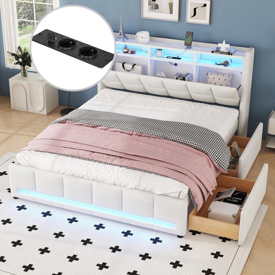 Merax Gestoffeerd bed 160 x 200 cm met LED-verlichting met laden met stopcontact en USB met opbergruimte beige zonder matras