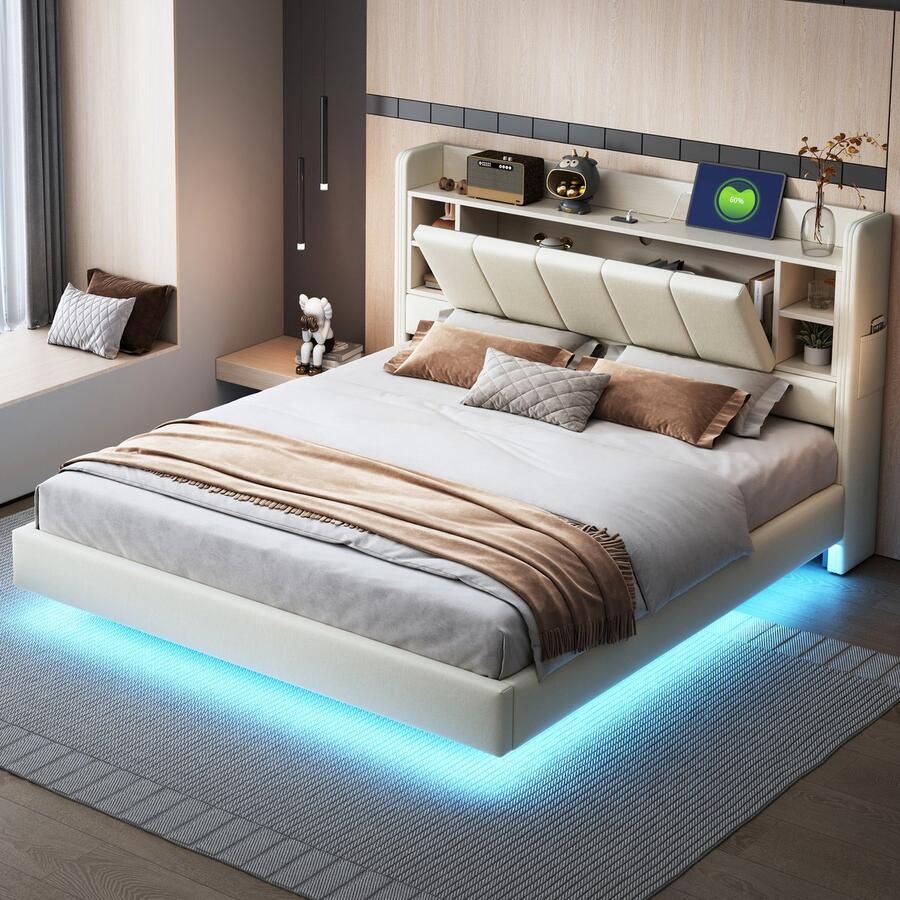 Singularity -Gestoffeerd bed 140 x 200 cm- gestoffeerd zwevend bedframe met LED-verlichting en hoofdborddesign- tweepersoonsbed beige- zonder matras